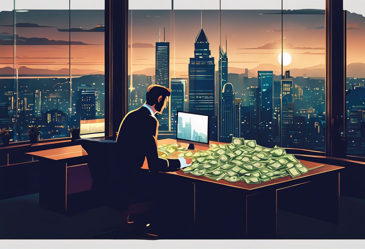 A successful entrepreneur counts money in a modern office overlooking a cityscape.