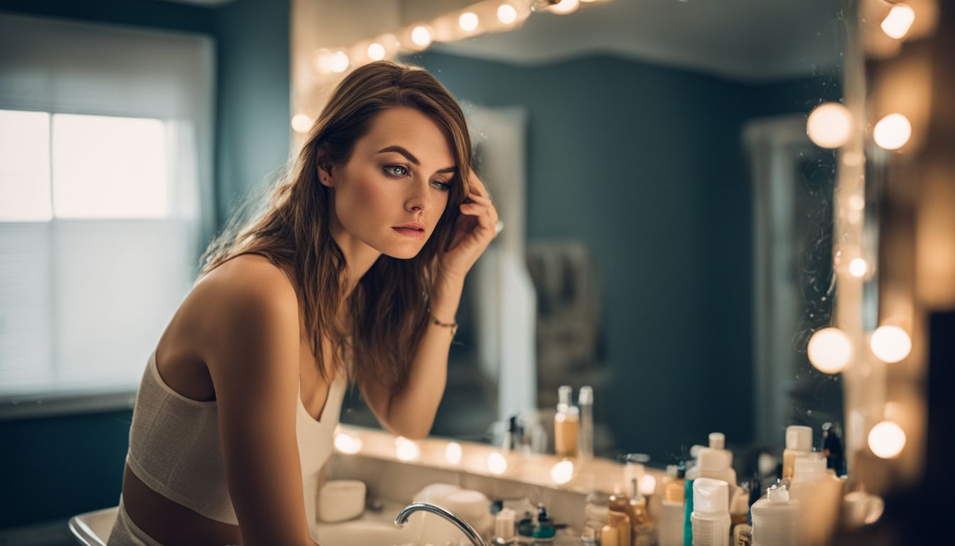 A stressed woman examines her forehead acne in a cluttered bathroom mirror.