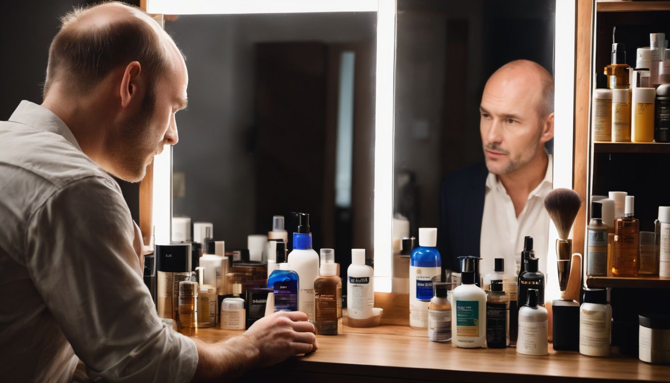 A balding man surrounded by hair care products looks at himself in the mirror.