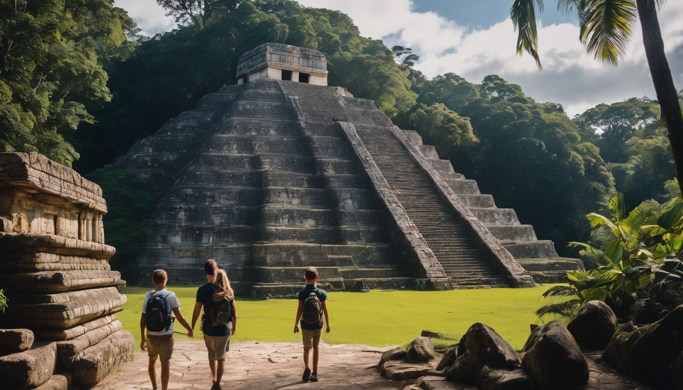A diverse family exploring ancient Mayan ruins in a lush jungle.