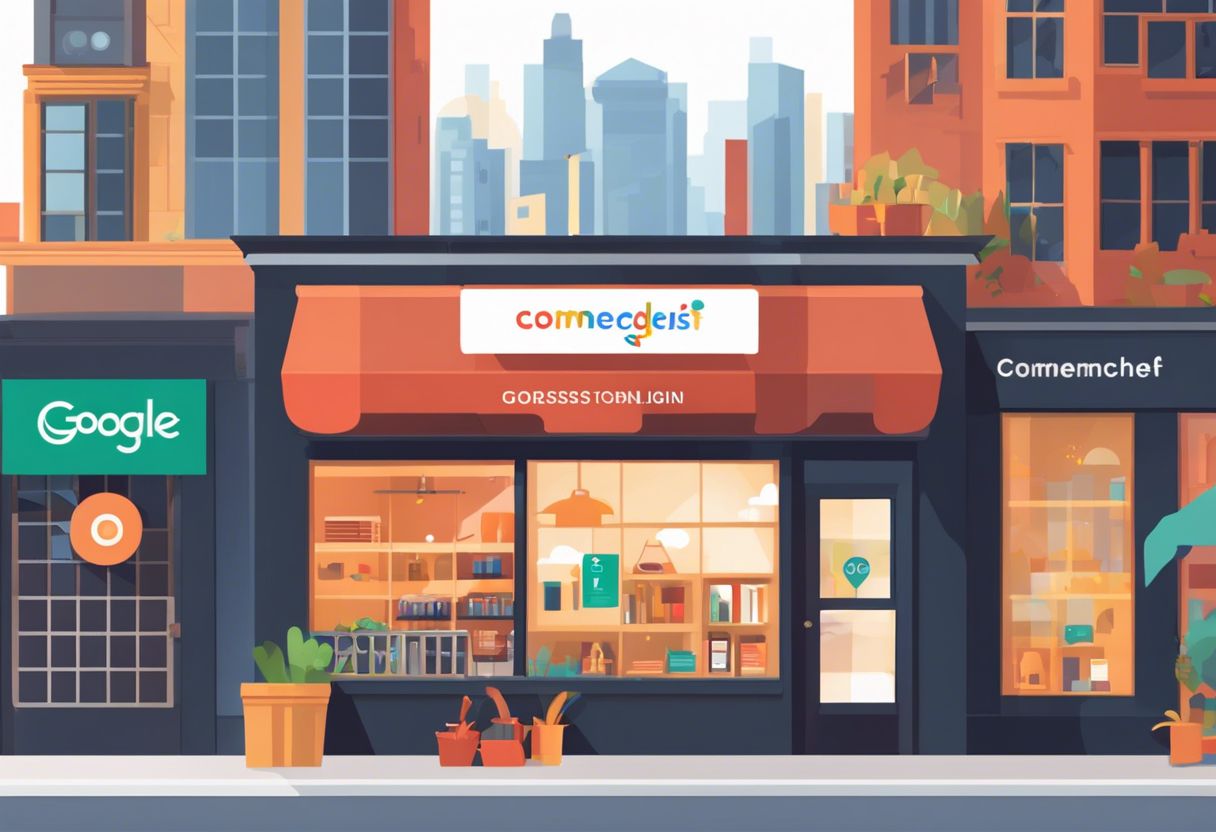 A storefront with Google My Business logo, cityscape photography, and urban activity, highlighting its role as a central hub of commerce.