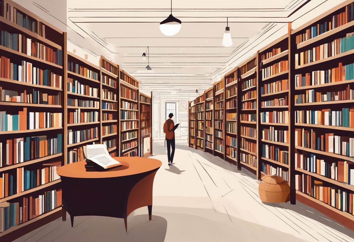 A person exploring a well-organized library, engrossed in selecting a book, surrounded by shelves filled with books.