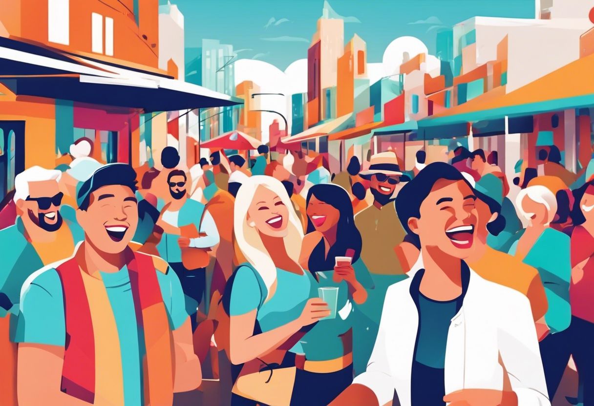 A diverse group of people enjoying a colorful outdoor event in a bustling city.