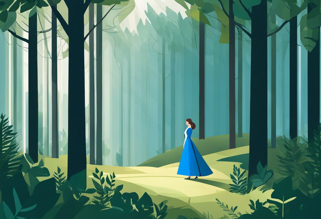 A woman in a flowing blue dress stands in a serene forest clearing.