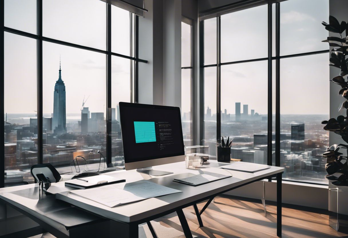 A minimalist office setting featuring A/B testing tools and data charts with a cityscape in the background.