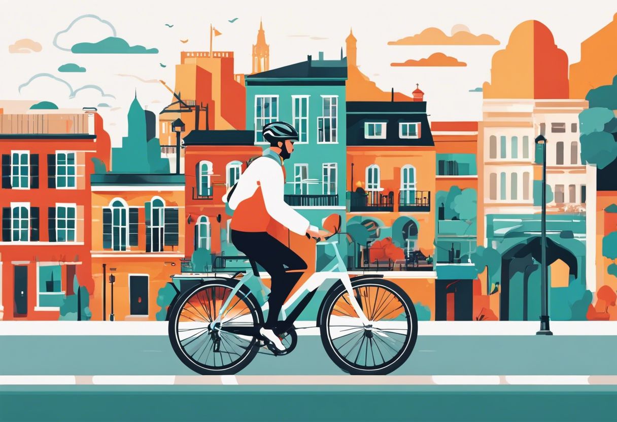 A person confidently rides a bike through a vibrant city, showcasing bustling streets and architecture.