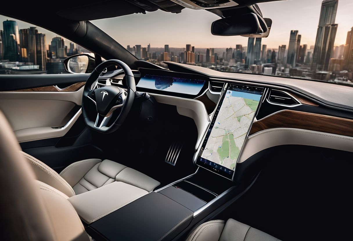 A person using AutoMate for Tesla app inside a Tesla Model S in a cityscaped environment.