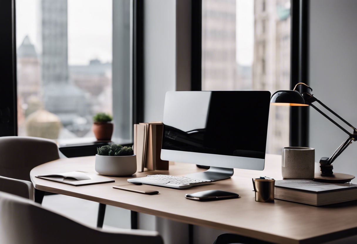 A modern, minimalist workspace with a sleek laptop and cityscape photography, emphasizing clean lines and neutral colors.