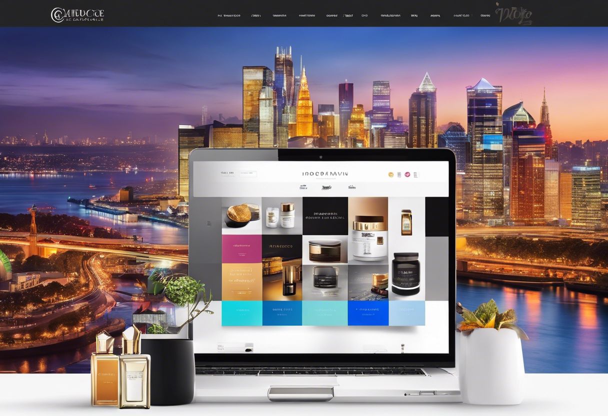 A modern e-commerce website showcasing cityscape photography and various vibrant products with a sense of sophistication and luxury.
