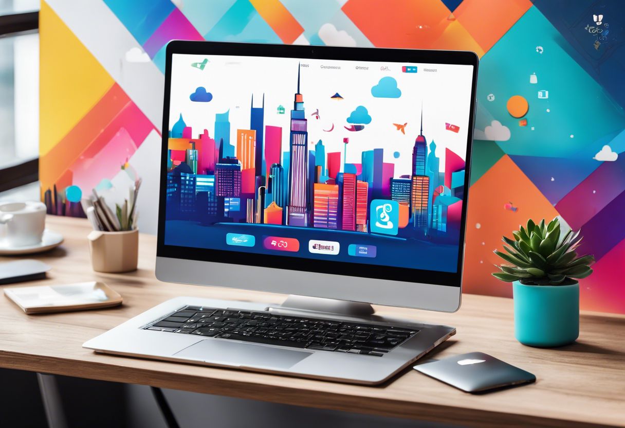 A modern office desk with a laptop displaying engaging social media icons and cityscape photography in the background.