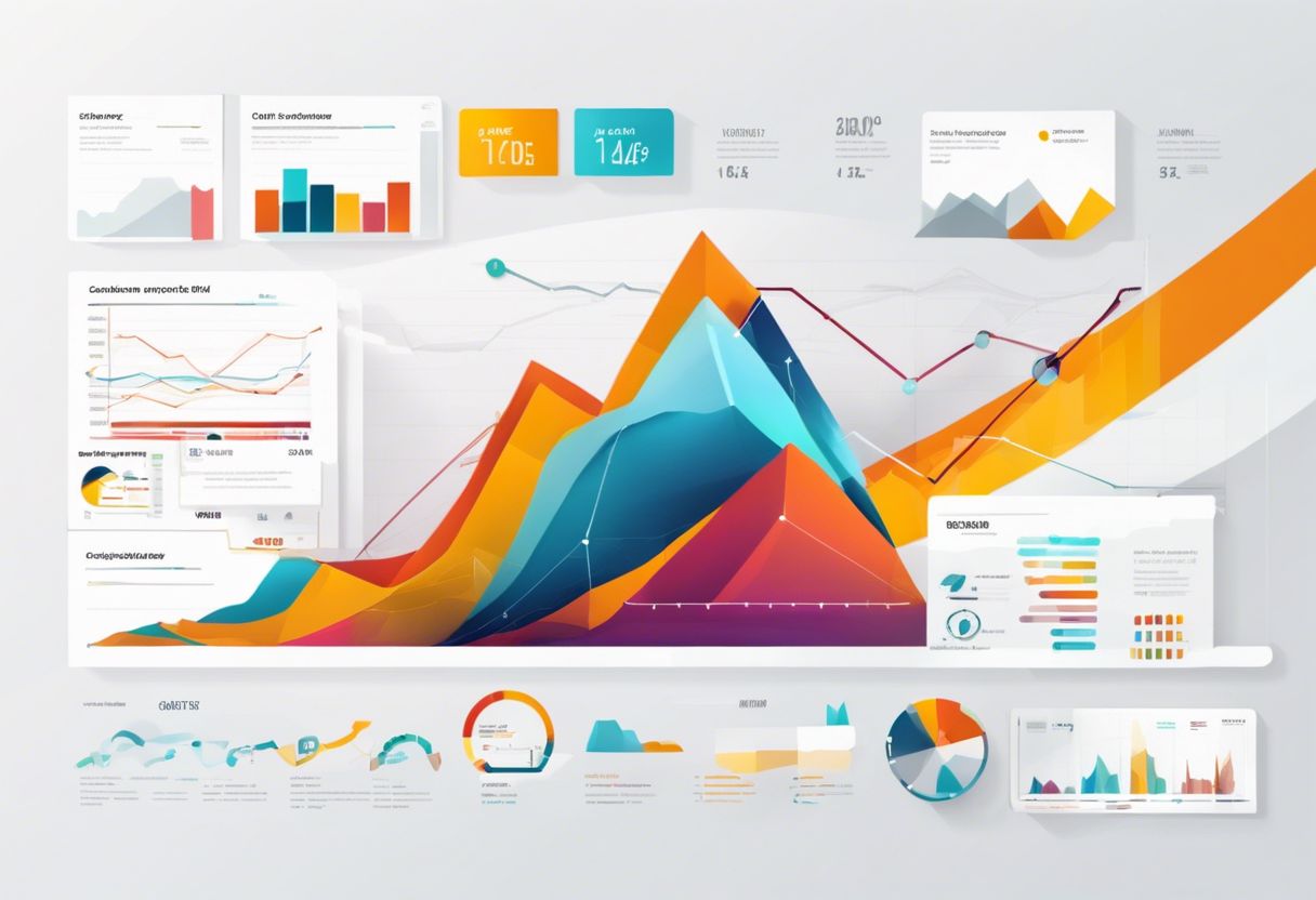 Abstract data visualization of website analytics with colorful graphs and charts and aerial photography.