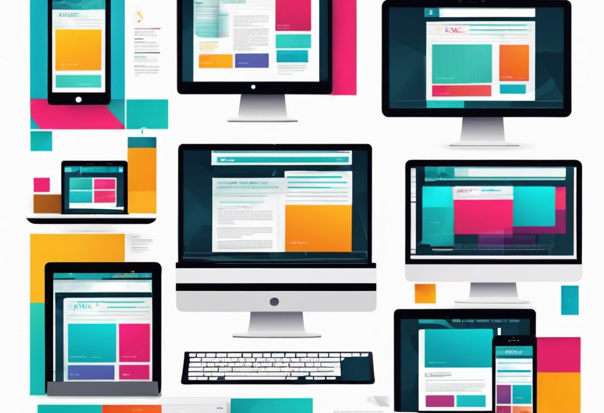 A flat design of electronic devices displaying a responsive website in a minimalist office setting.
