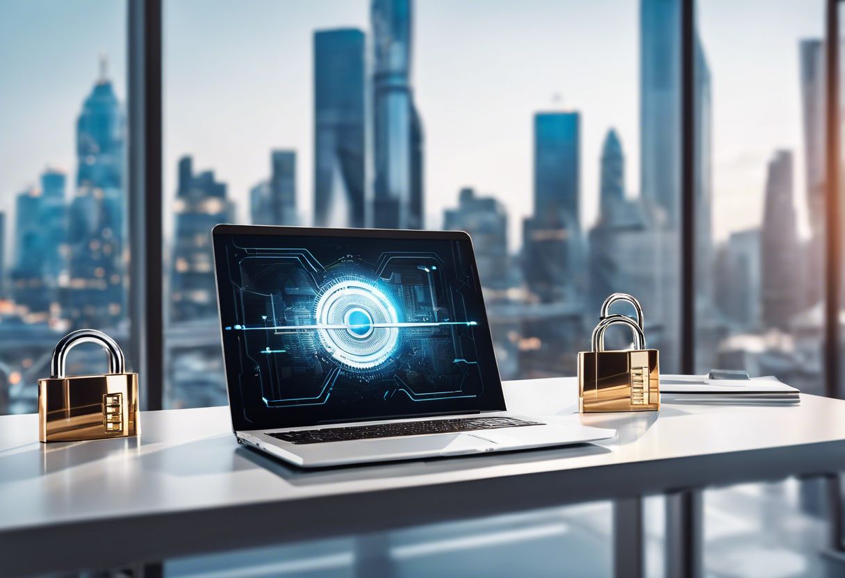 A modern laptop surrounded by security padlocks on a clean desk with a futuristic cityscape backdrop.