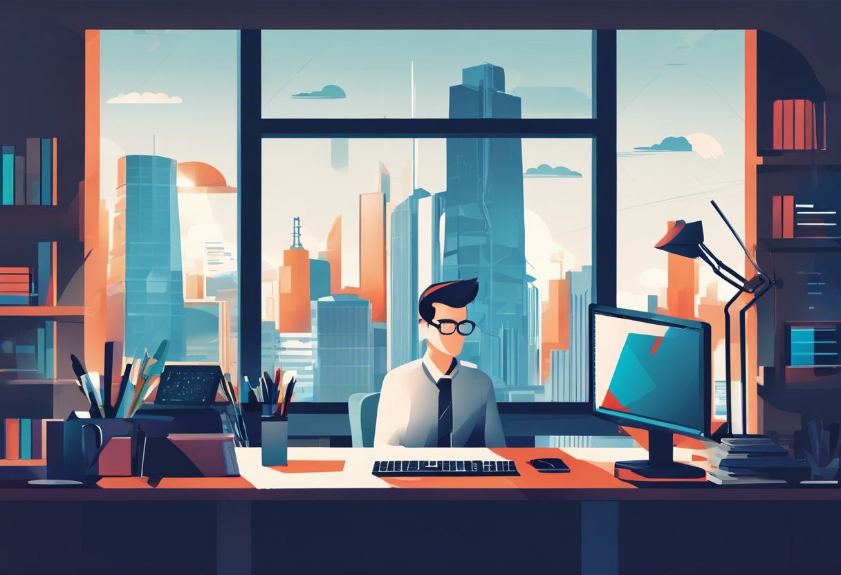 A person working at a desk with multiple computer screens and a cityscape view.