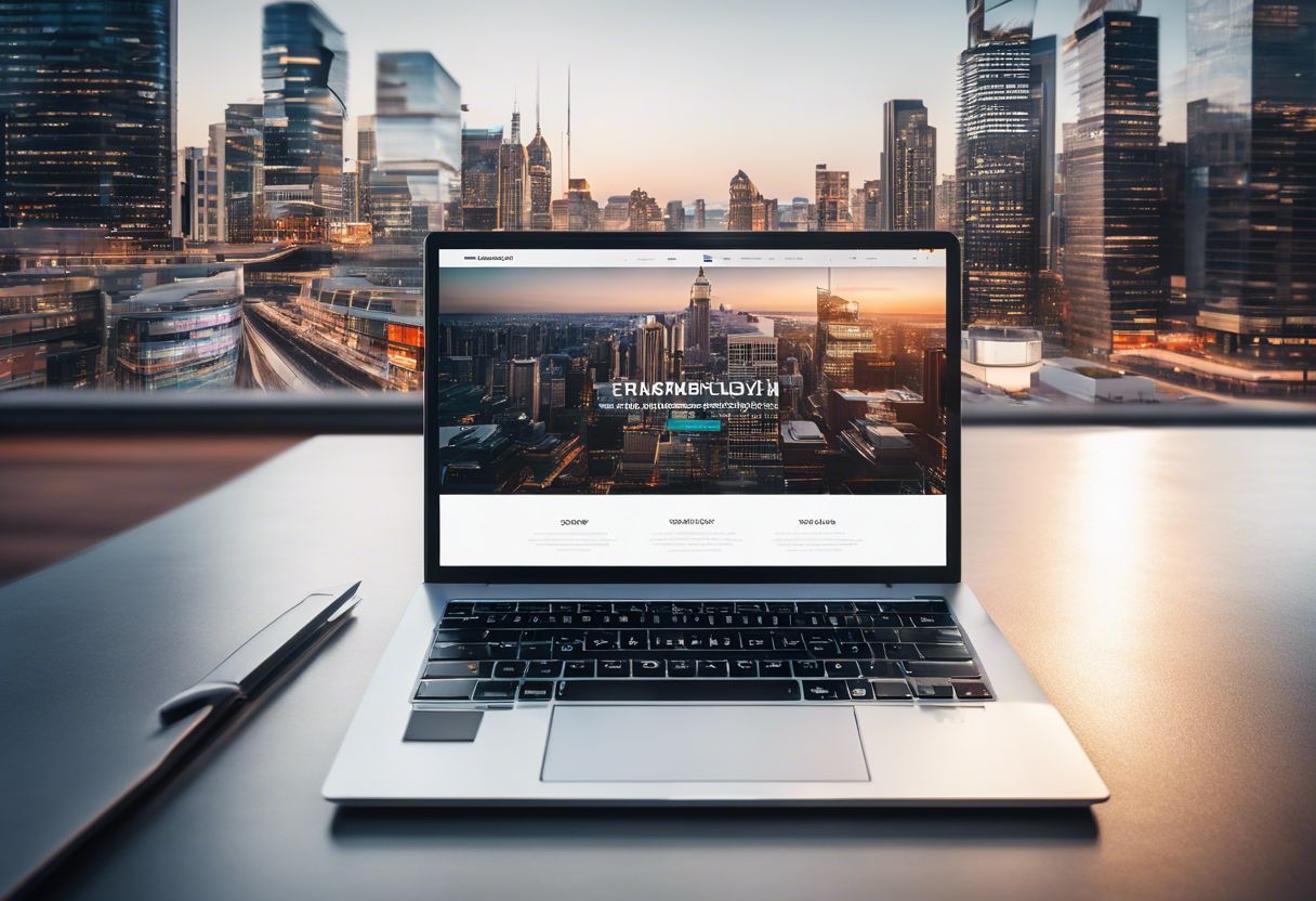 A sleek and modern website layout displayed on a laptop screen with a cityscape reflection.