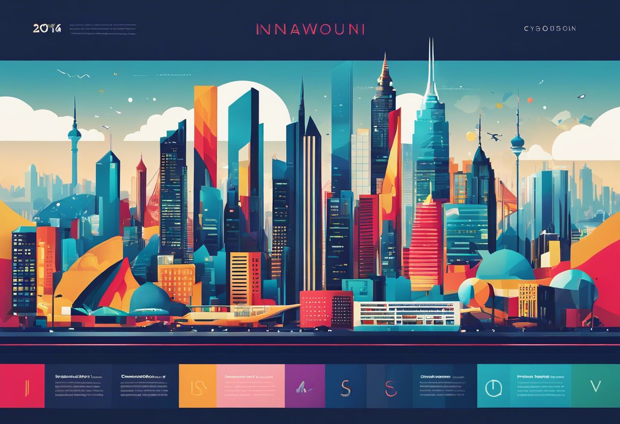 A modern typography collection displayed on digital screens with a vibrant cityscape background.