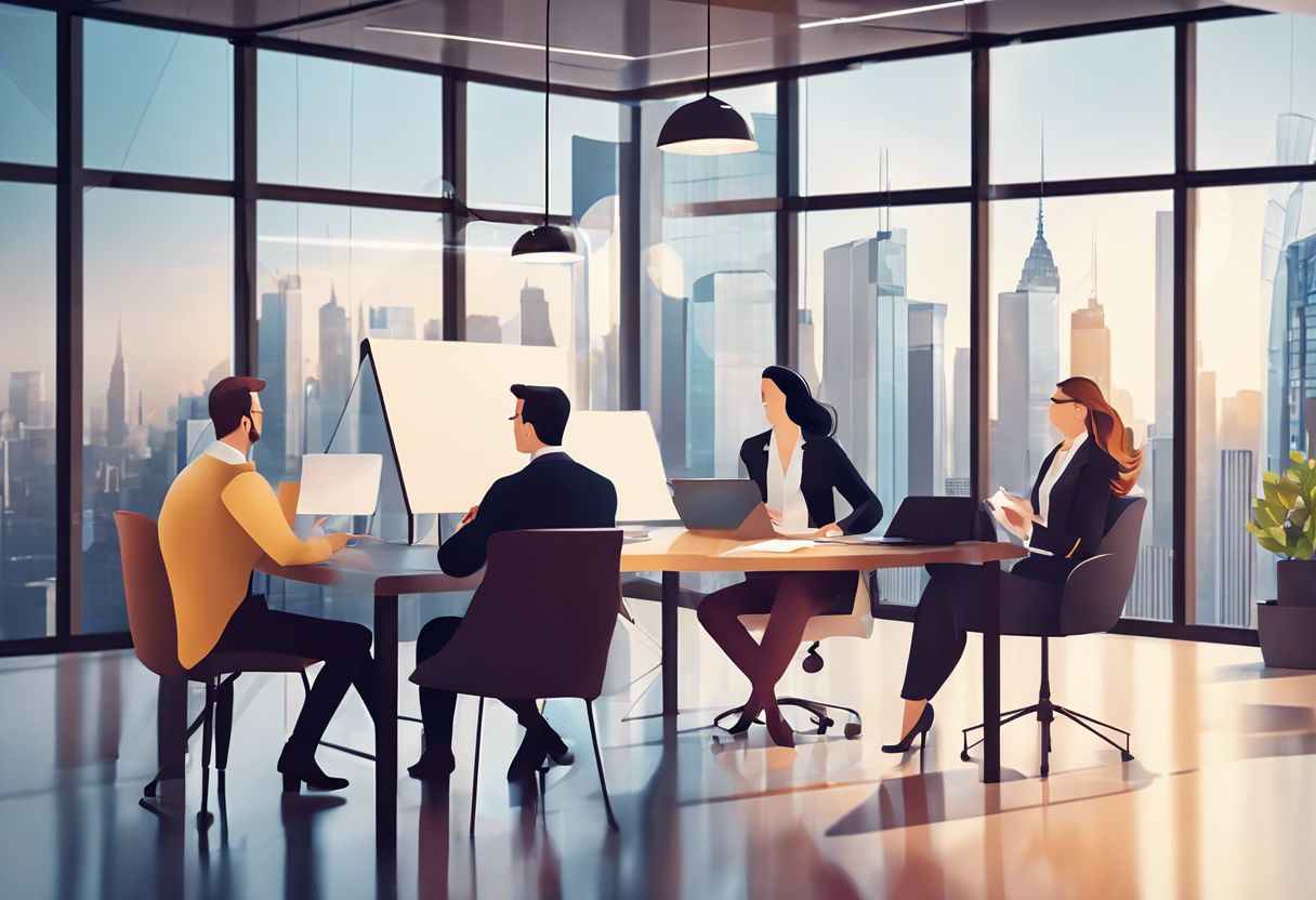A diverse group of professionals brainstorming in a modern office with a cityscape background.
