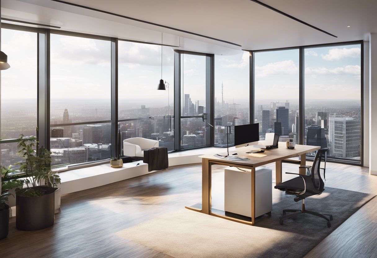 A modern, minimalistic office space with sleek furniture and city views, exuding tranquility.