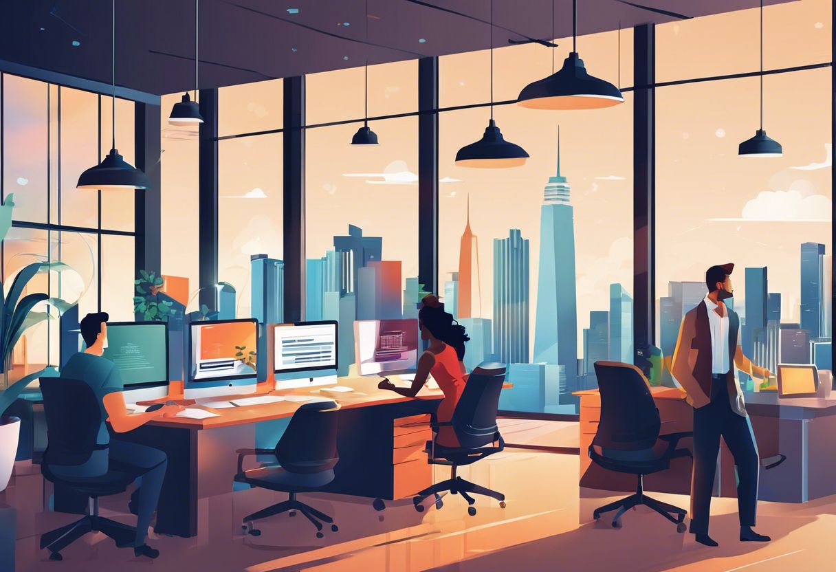 A diverse group of people collaborating in a modern office with a cityscape view.