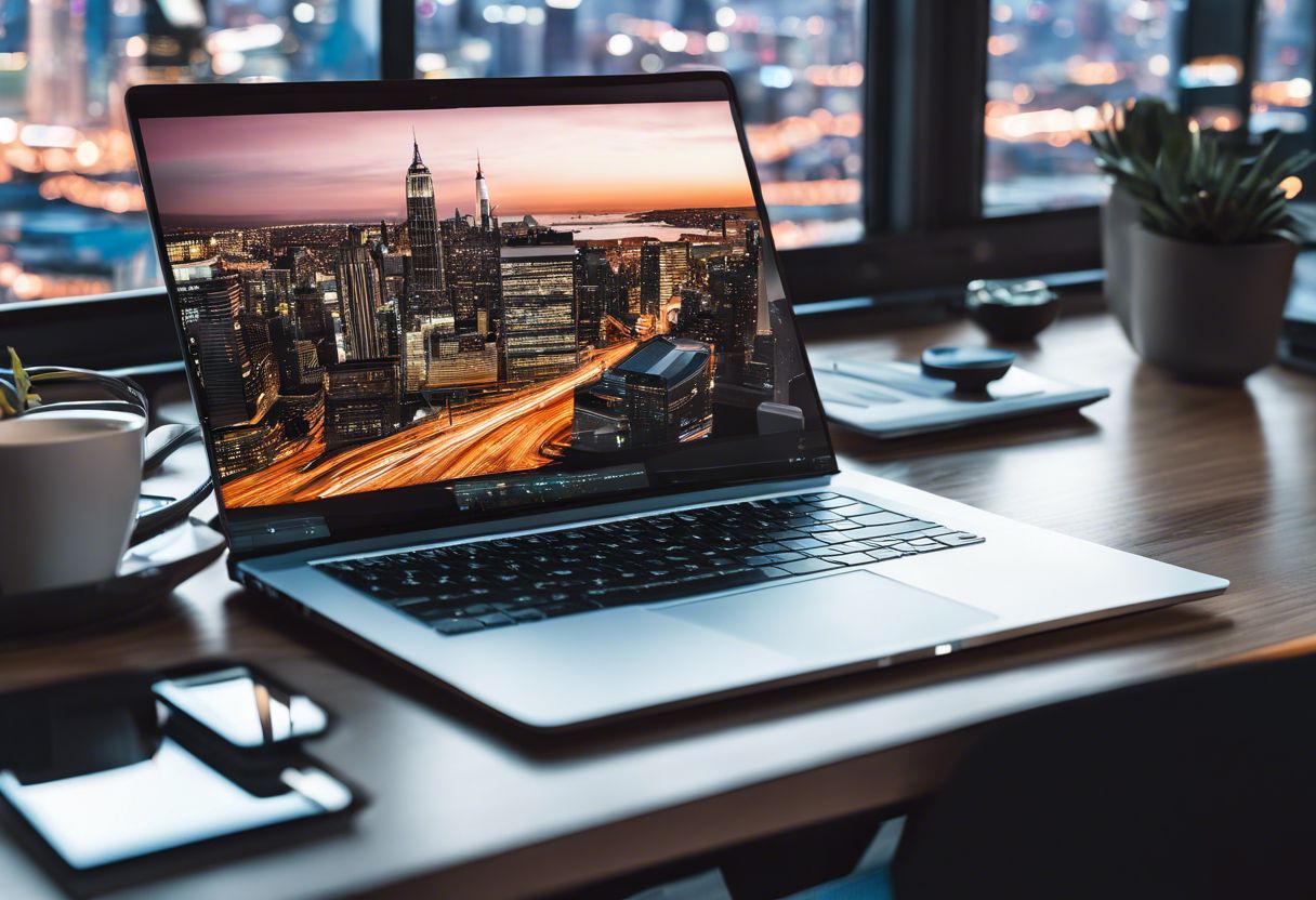 A modern laptop surrounded by digital marketing tools with a bustling city skyline in the background.