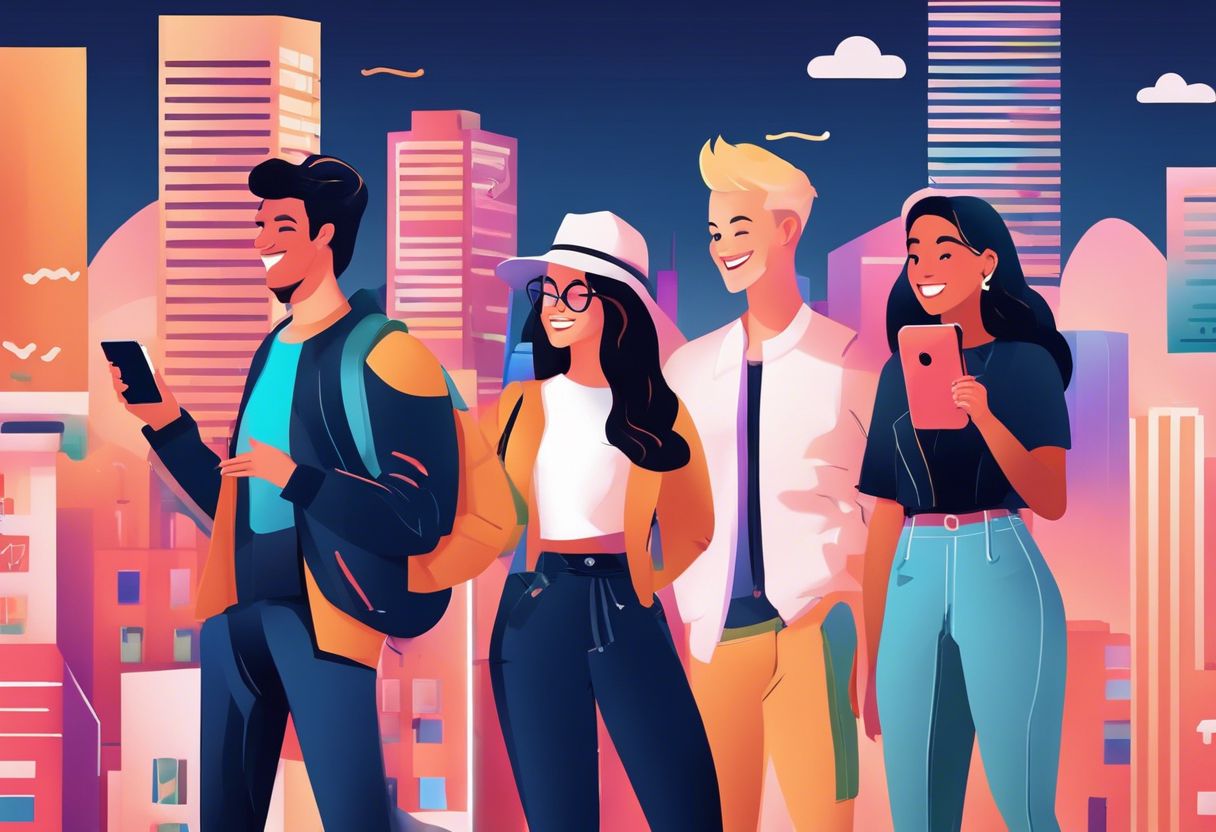 A diverse group of Gen Z friends engaging with an interactive website against an urban cityscape background.
