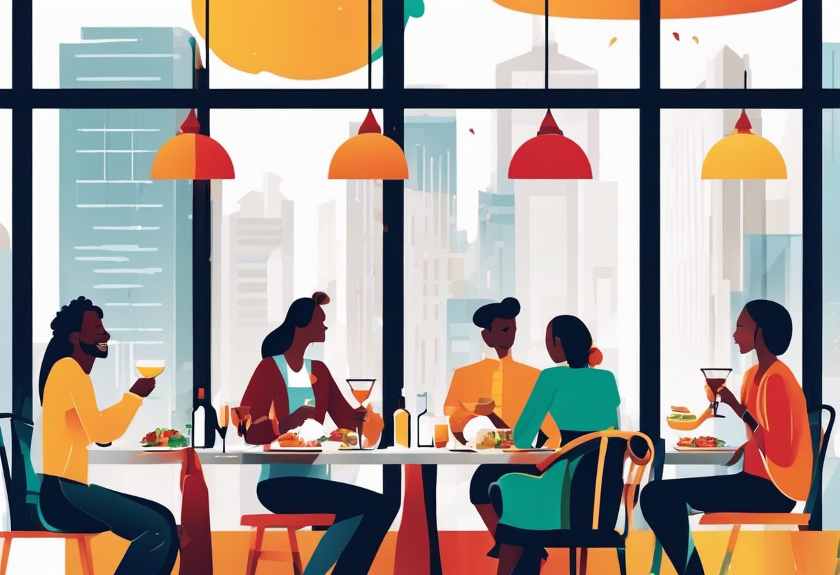 A diverse group of people enjoy a lively meal in a vibrant city restaurant.