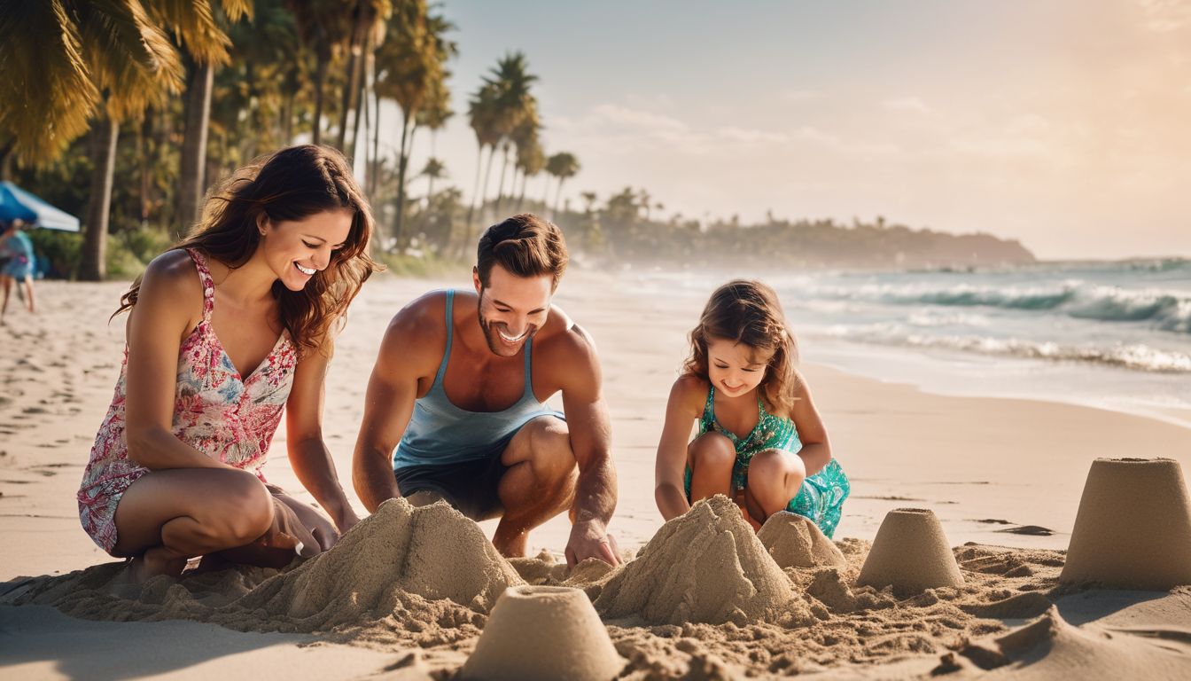 A happy family building sandcastles on a sunny beach surrounded by palm trees.