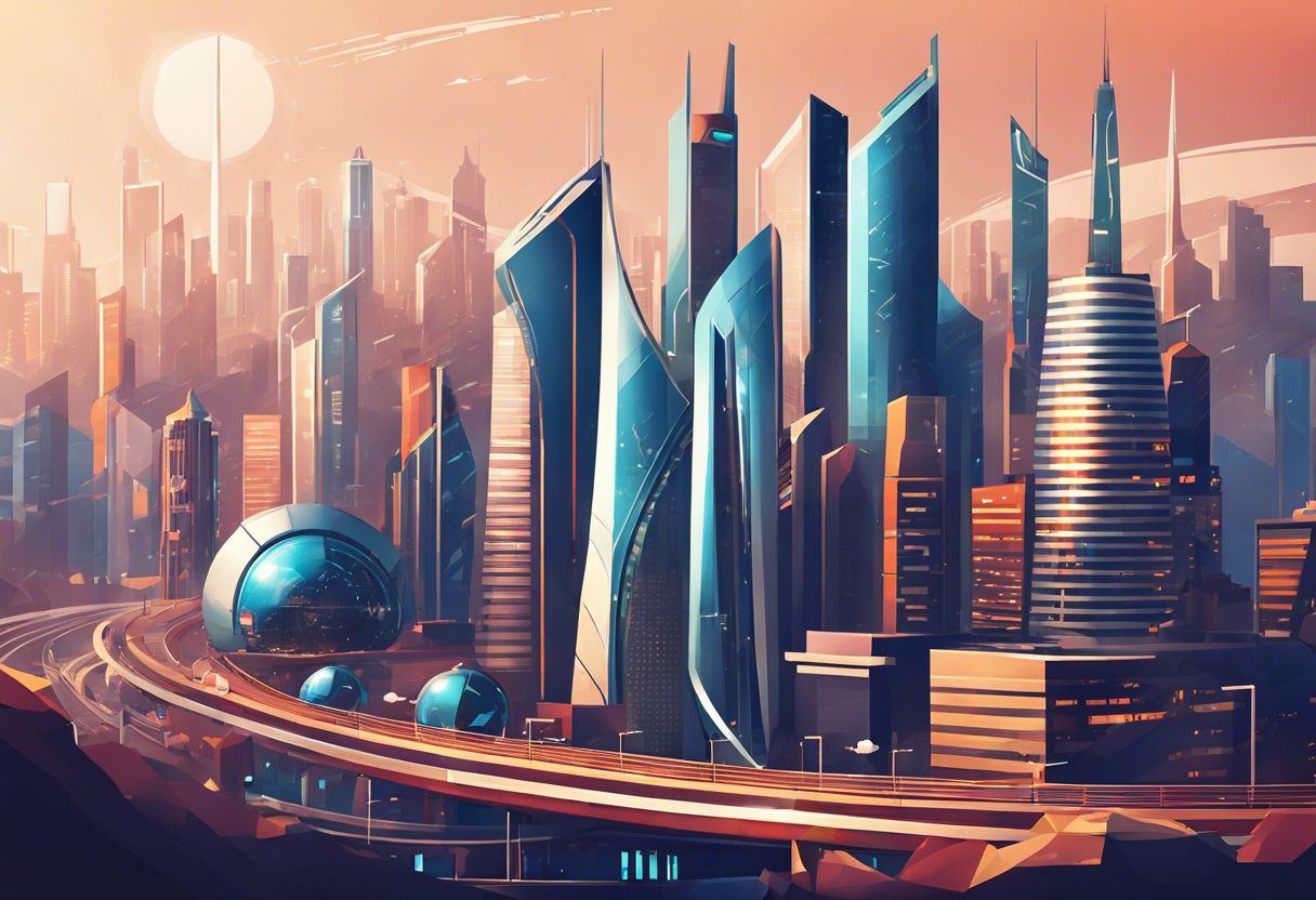 A futuristic city skyline with modern architecture and advanced technology.