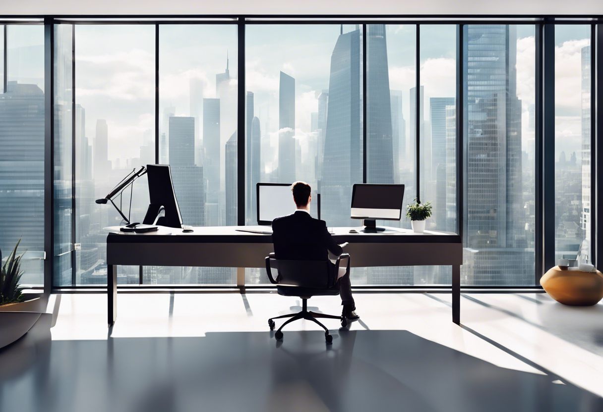 A person is working on a laptop in a modern office with a city view.