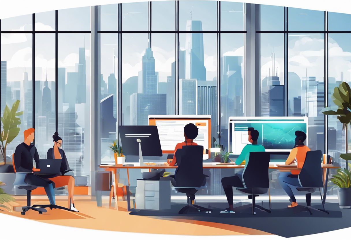 A team of web developers working together in a modern office with city views.