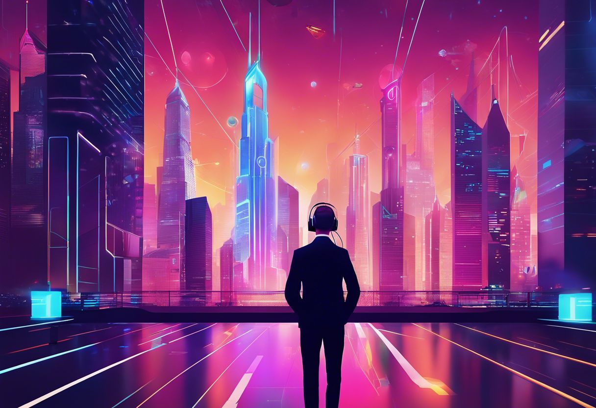 A person exploring a futuristic virtual reality cityscape with holographic displays and skyscrapers.