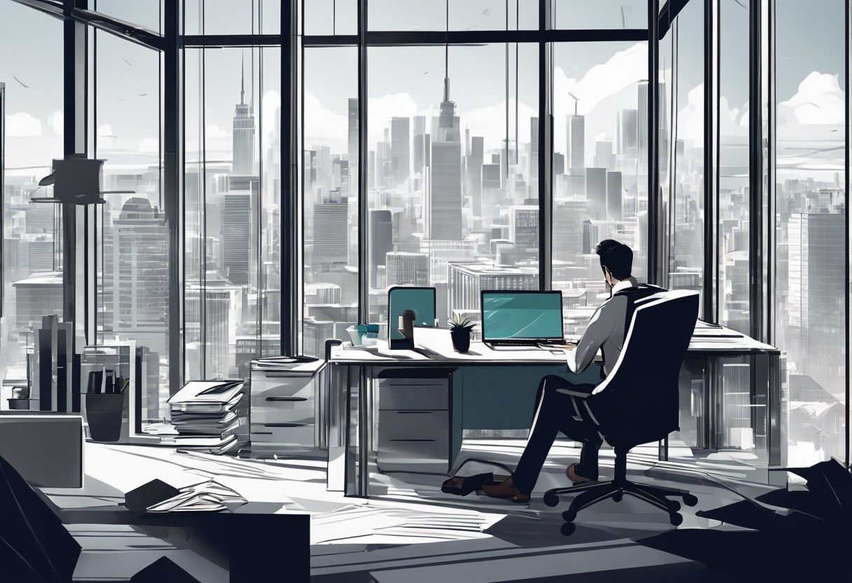 A person working in a modern office with a cityscape view through the windows.