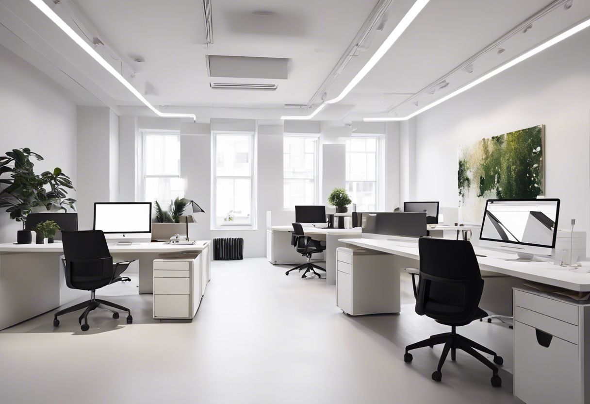 A modern, organized office space with matching color scheme and furniture in flat design style.