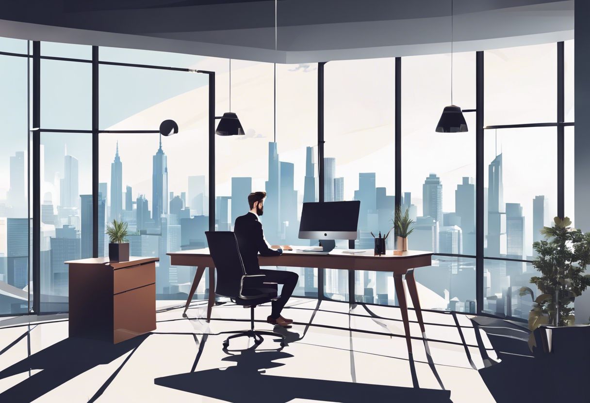 A modern, professional web designer in a sleek office with city skyline view.