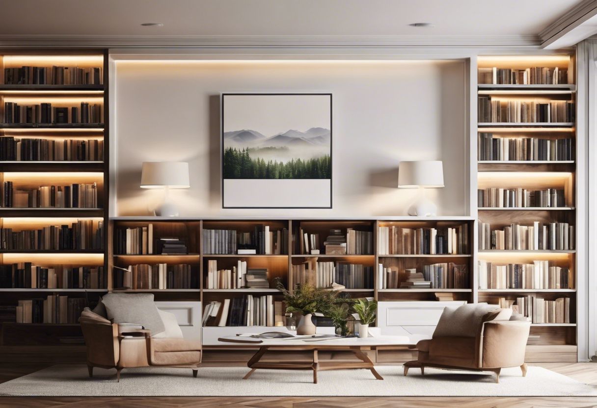 A cozy home library with a well-stocked bookshelf featuring nature photography books.