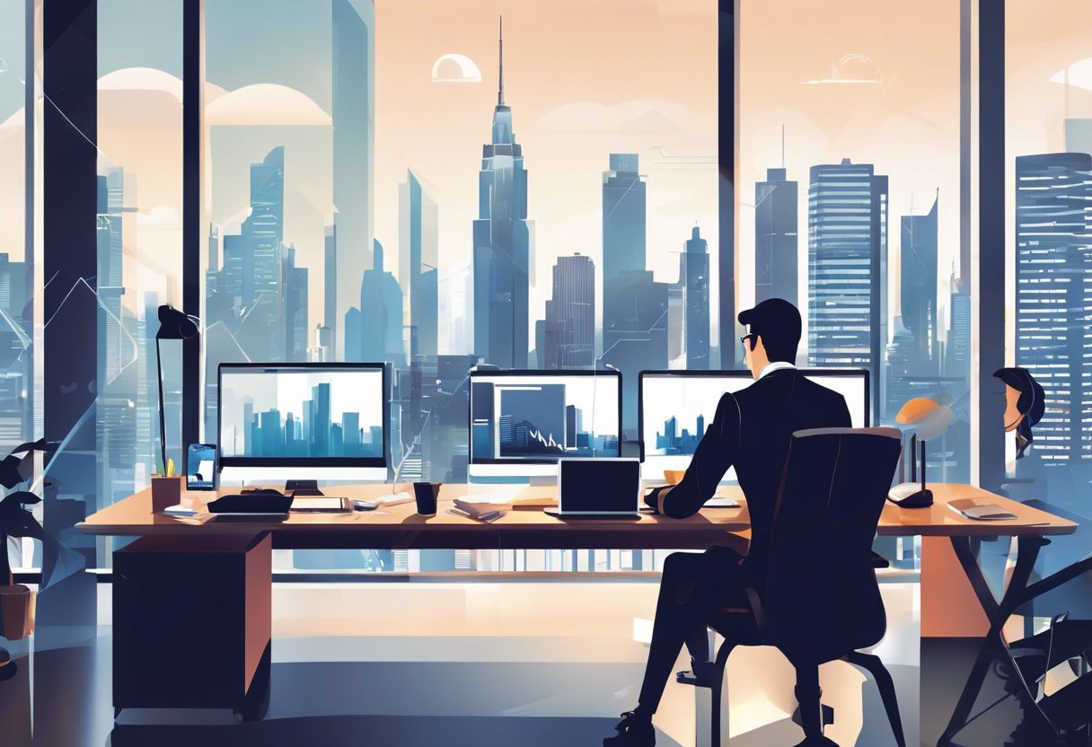 A person in a busy office setting surrounded by technology, focused and determined, with cityscape in background.