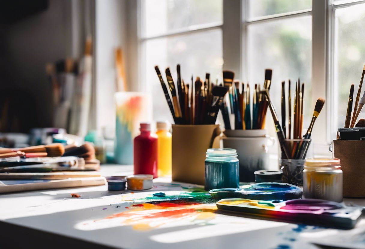 A vibrant assortment of art supplies on a white desk, showcasing creativity and artistic inspiration.