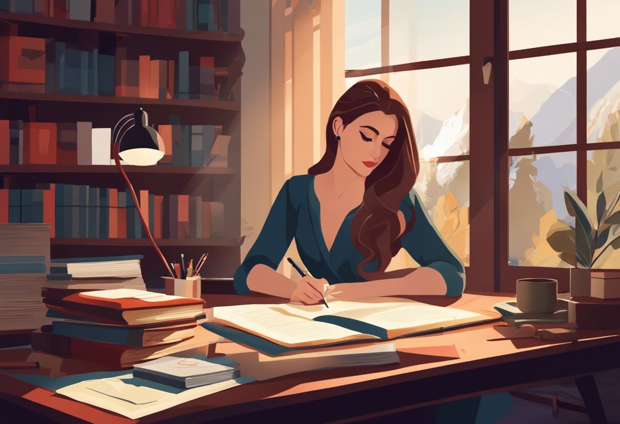 A woman deeply immersed in thought, surrounded by books and writing tools in a cozy environment.