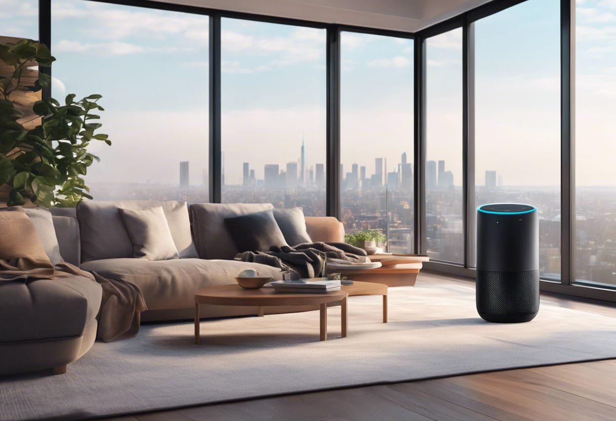 A person interacts with a smart speaker in a modern living room with a city view.