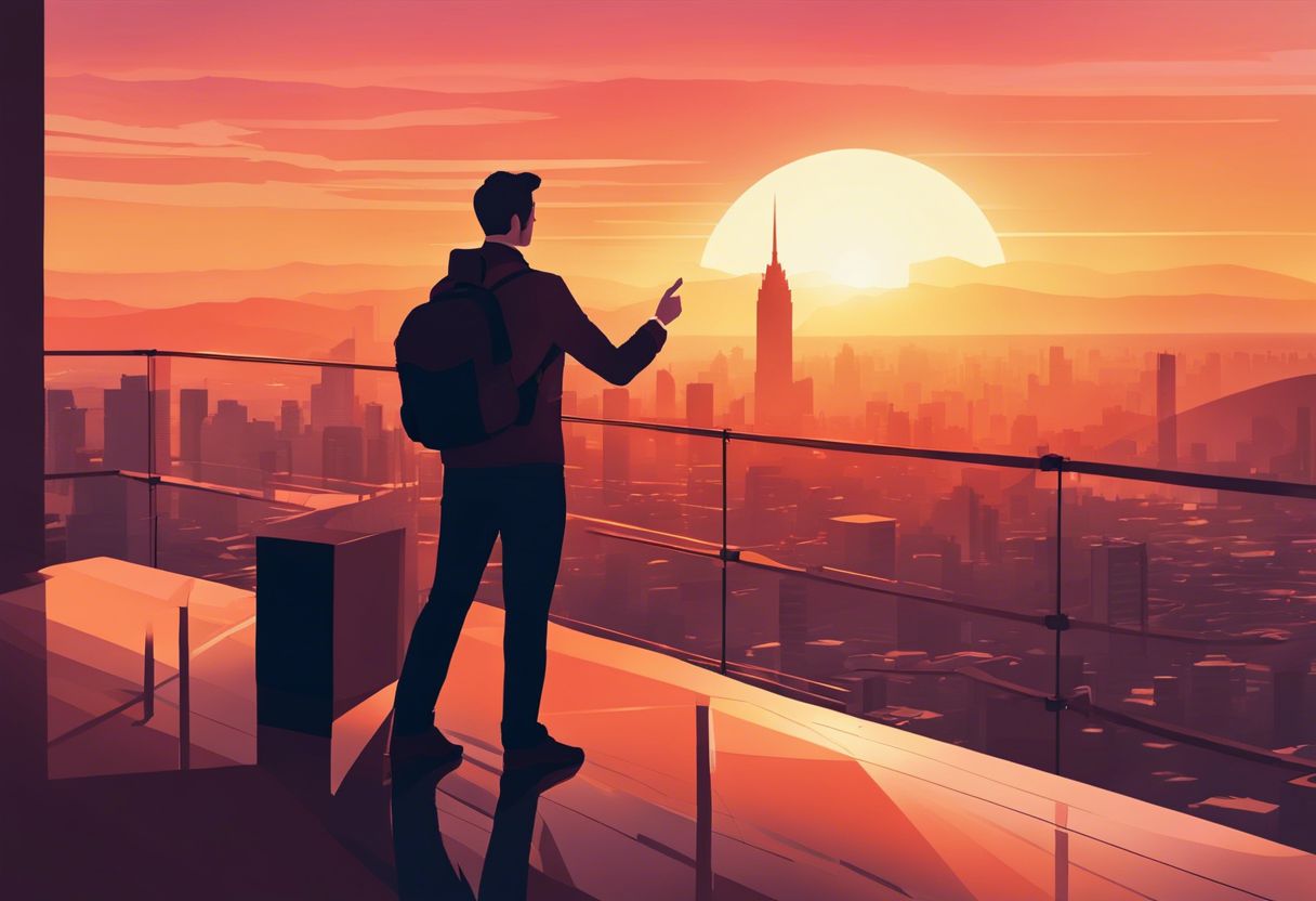 A person pointing to a captivating sunset over a city skyline.