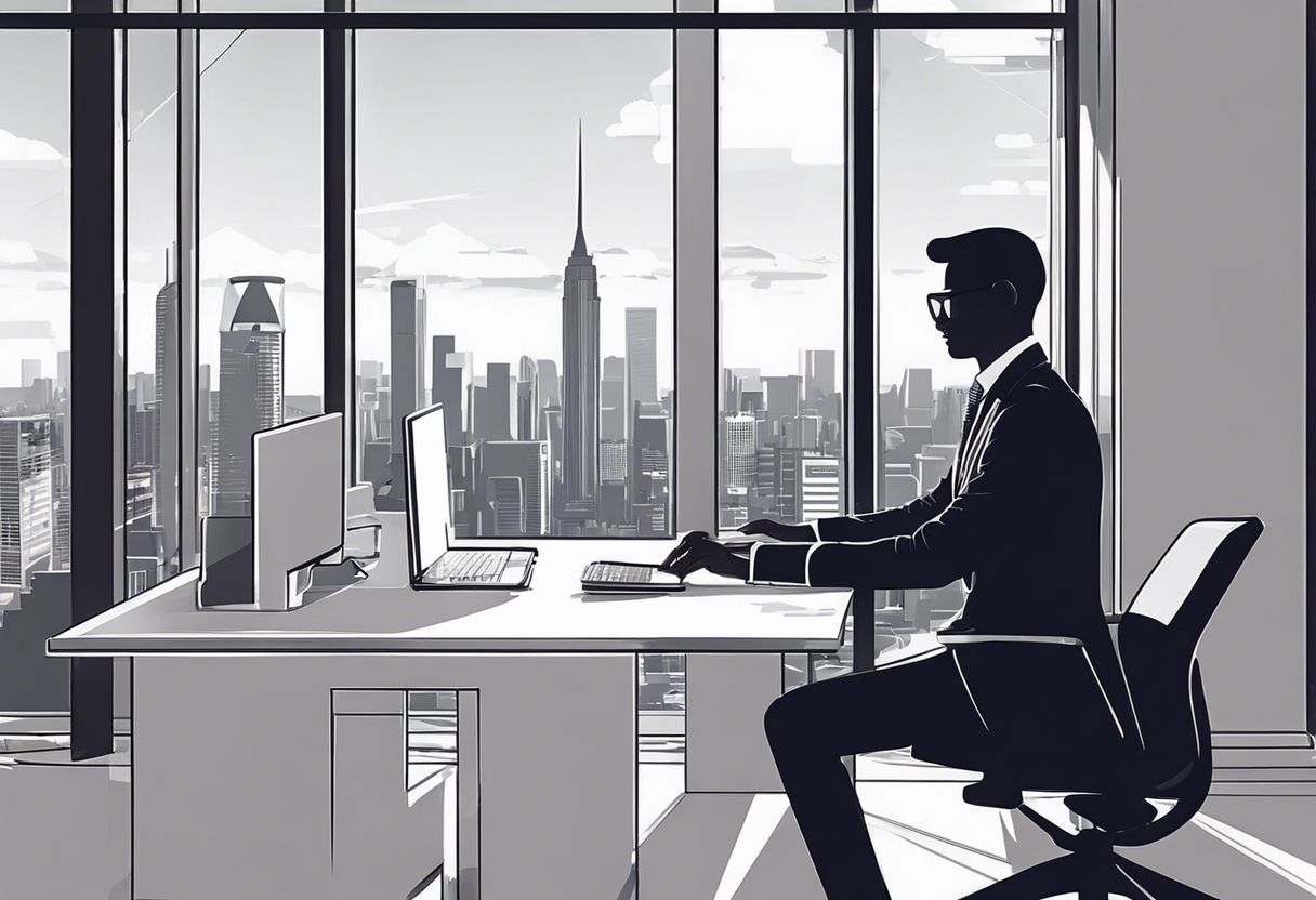 A person focused on typing in a modern office with a cityscape view.