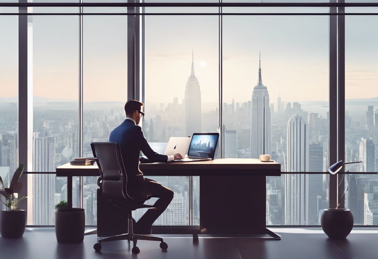 A person is typing on a laptop in a modern, minimalist office with a cityscape view.
