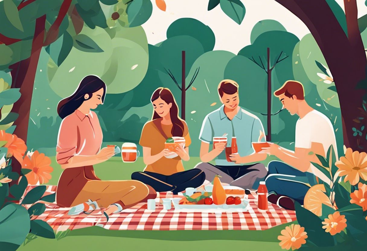 A group of friends happily enjoying a picnic in a colorful park setting.