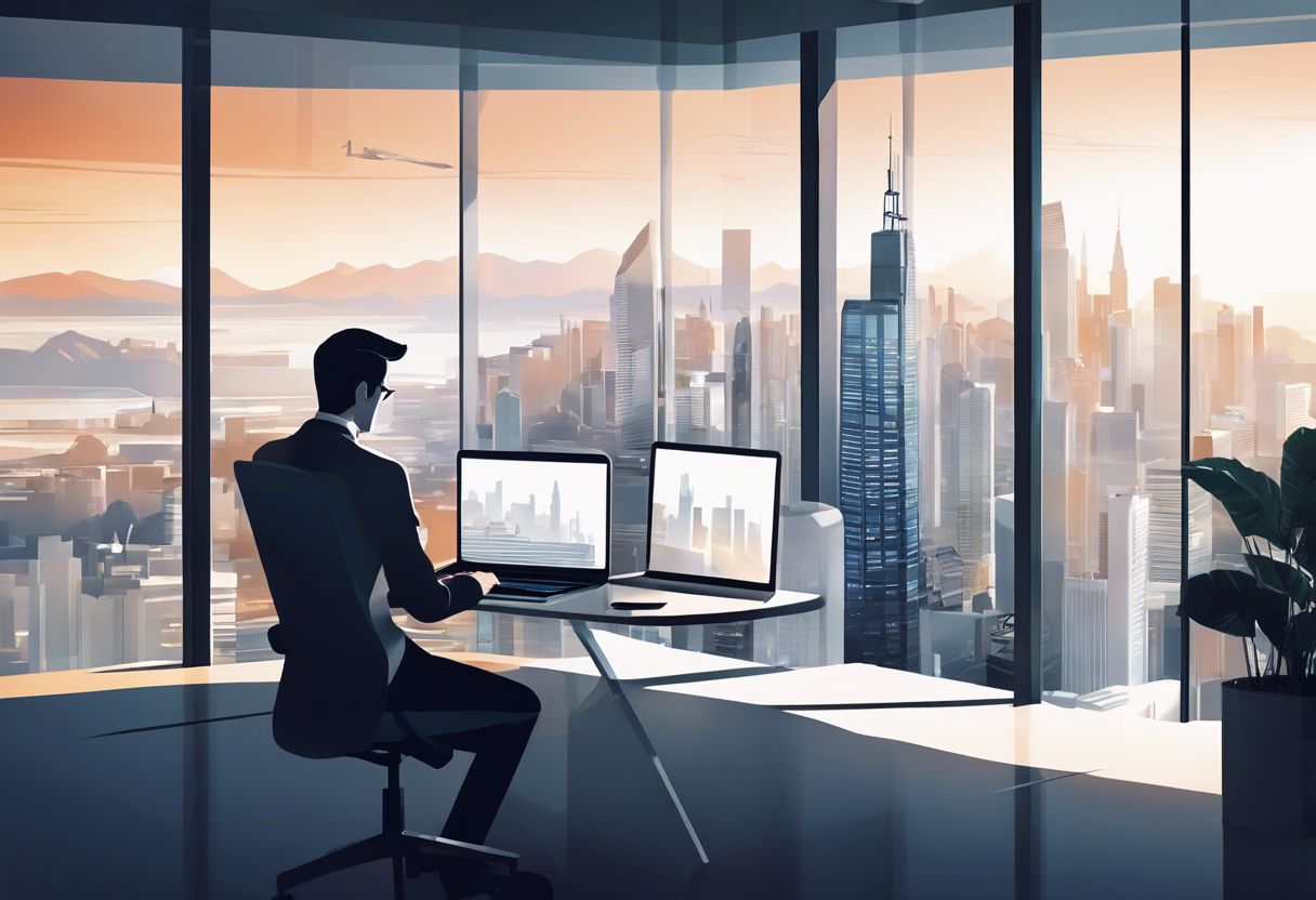 A person working on a laptop in a modern office with a city view.