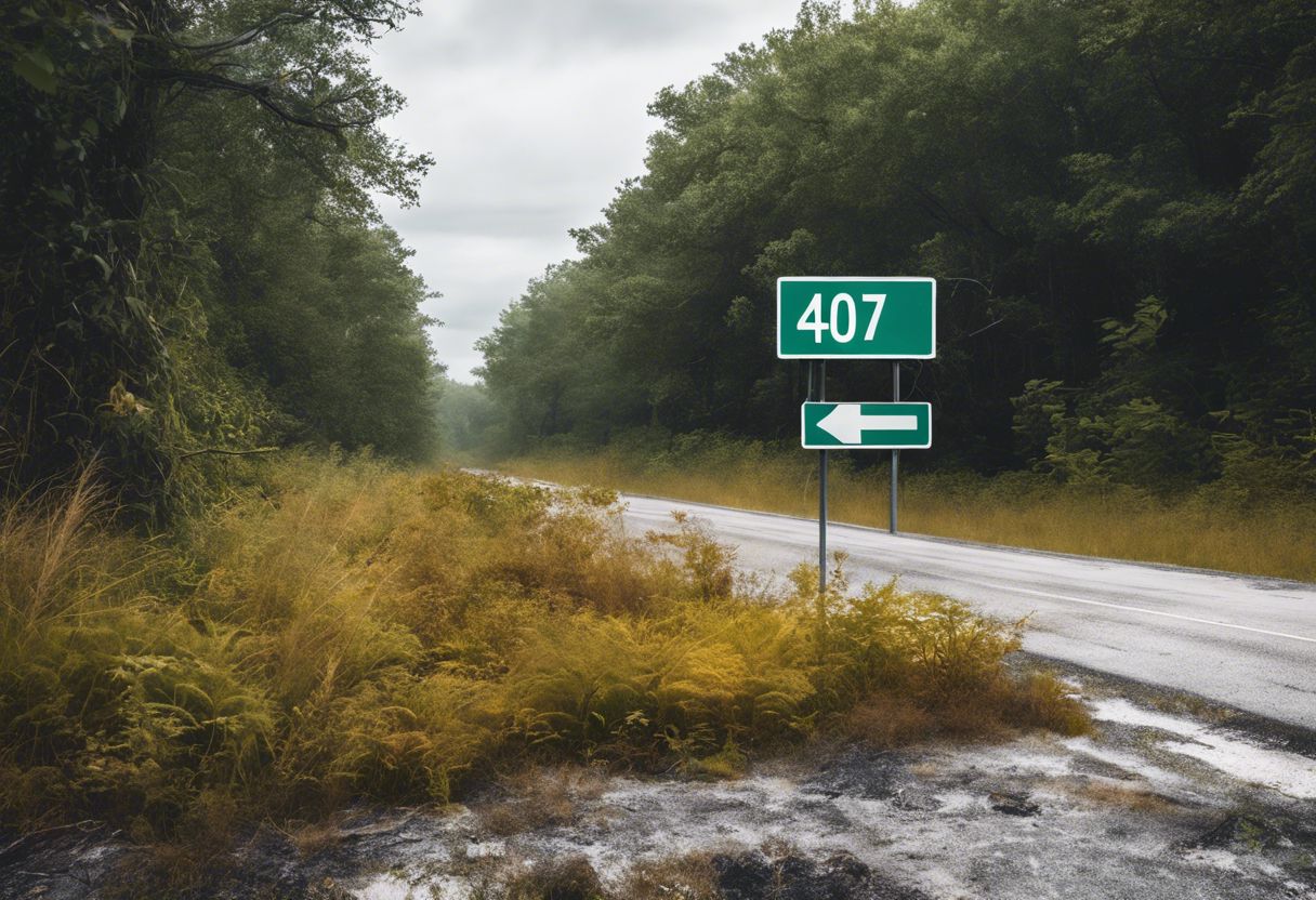 Deserted road sign in overgrown landscape with 404 error message, highlighting deteriorating infrastructure and abandoned atmosphere.