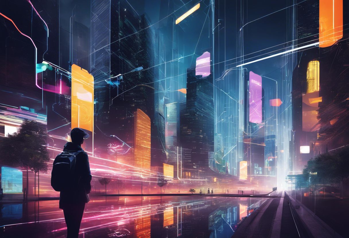 A person using digital interface with cityscape reflection, neon lights, representing technological immersion and urban connectivity.