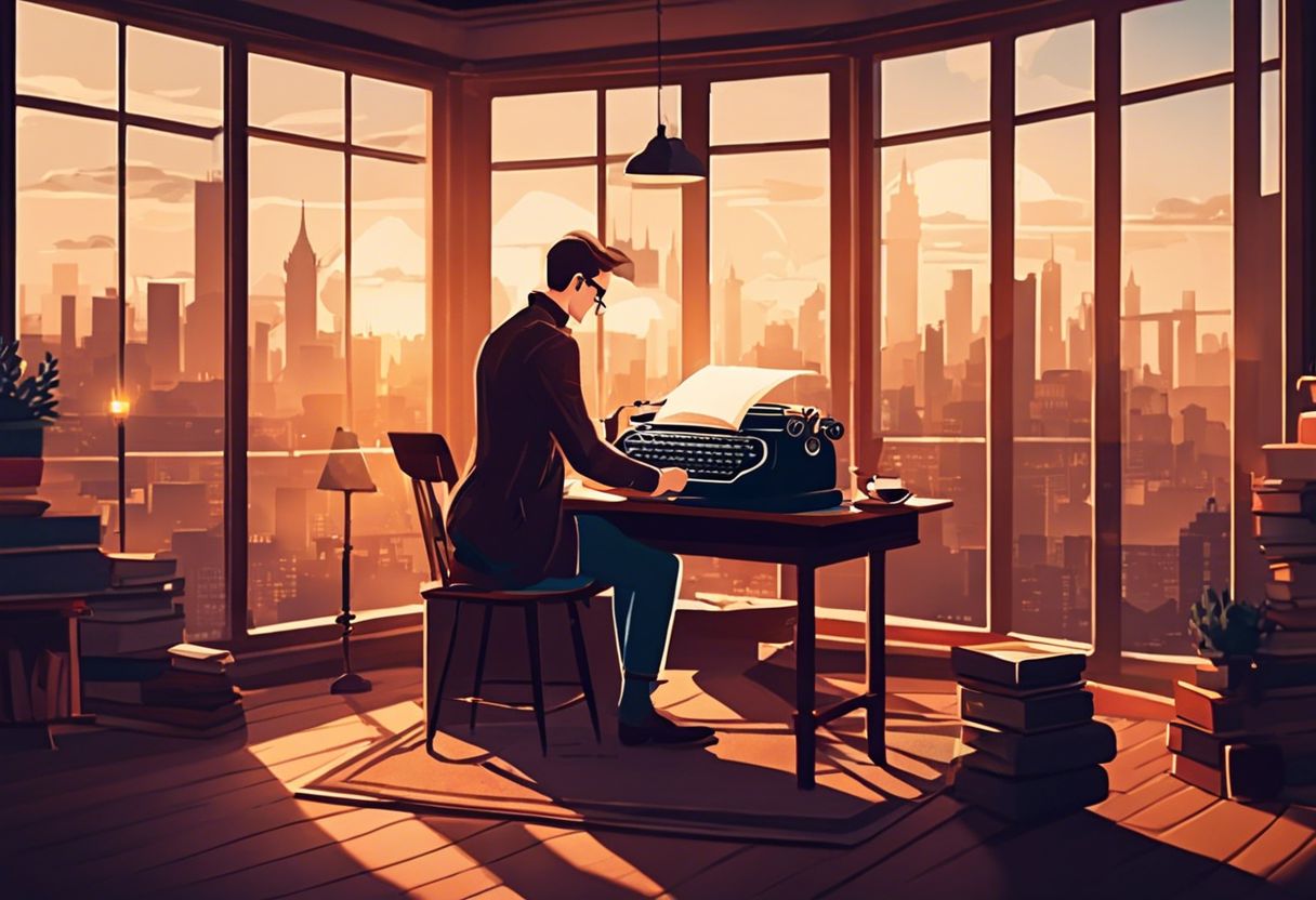 A person writing in a cozy study with a cup of coffee, surrounded by books and a vintage typewriter, overlooking a city skyline through a large window.