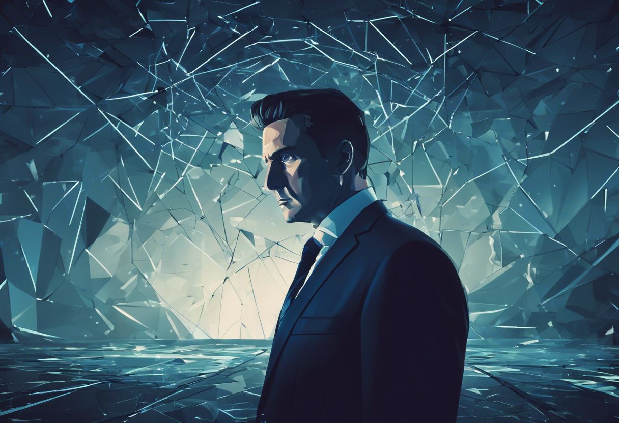 A fearful businessman stands in front of a shattered digital screen in a futuristic cyber environment.