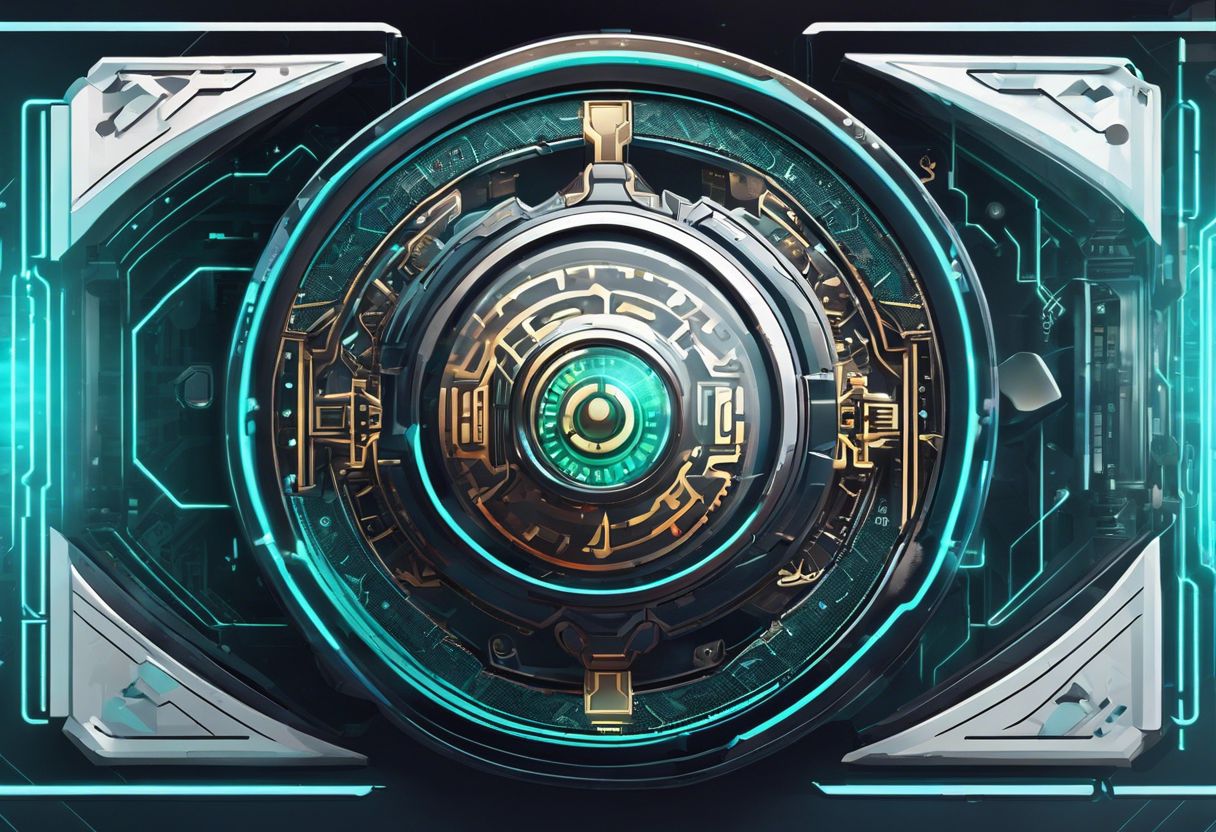 A digital lock and key surrounded by cyber-themed graphics, emphasizing technological sophistication and security.