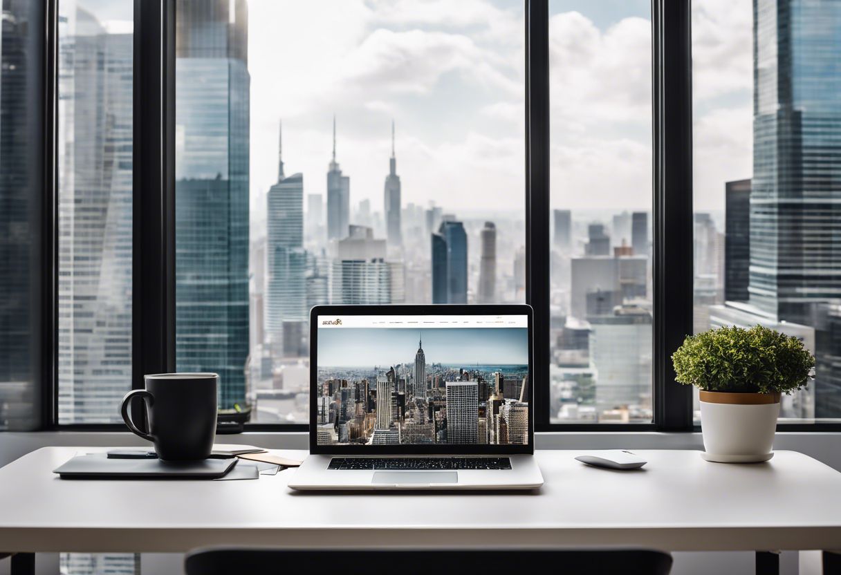 A laptop displaying a modern website in a sleek office with cityscape view.